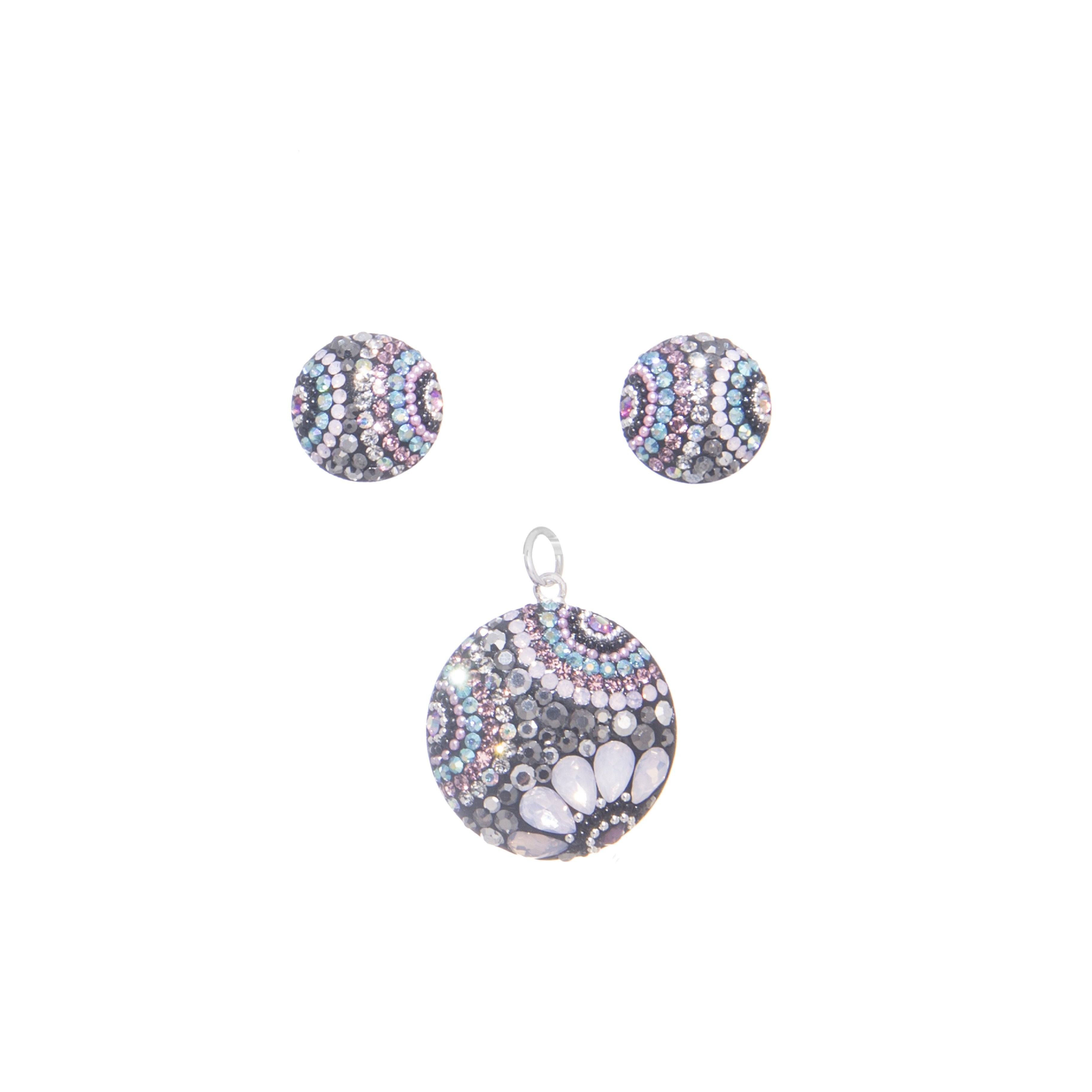 Dije y aretes circular de plata con zirconias y cristales