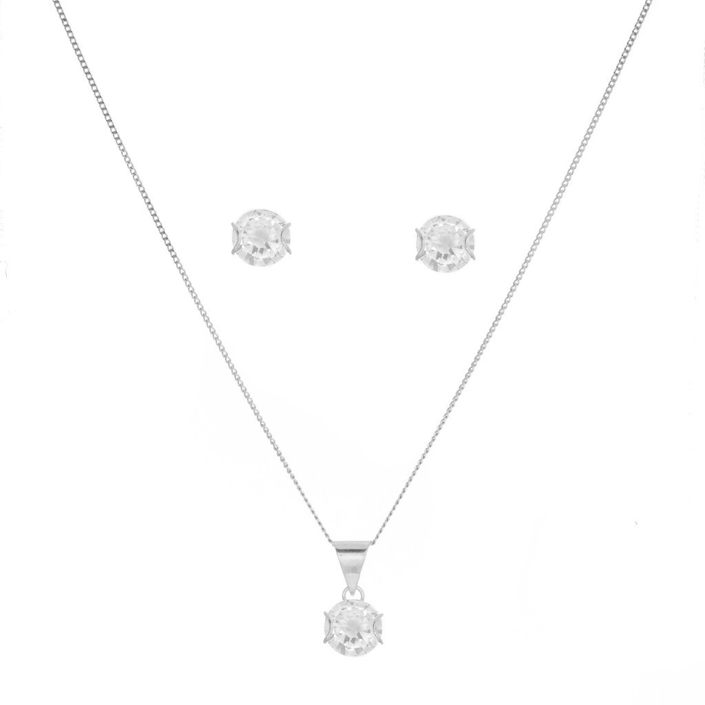 Dijes y aretes abrazo de zirconias con plata.