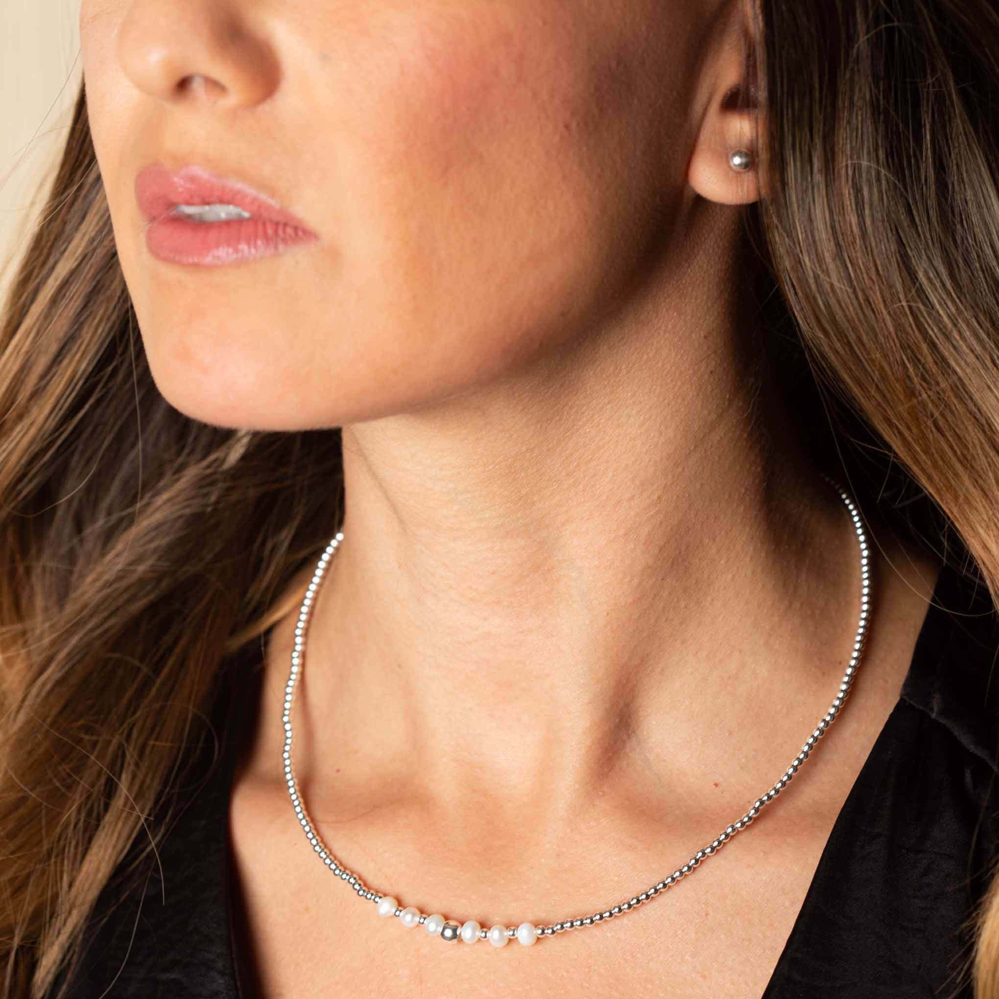 Collar bolitas de plata con perlas juntas de plata mexicana