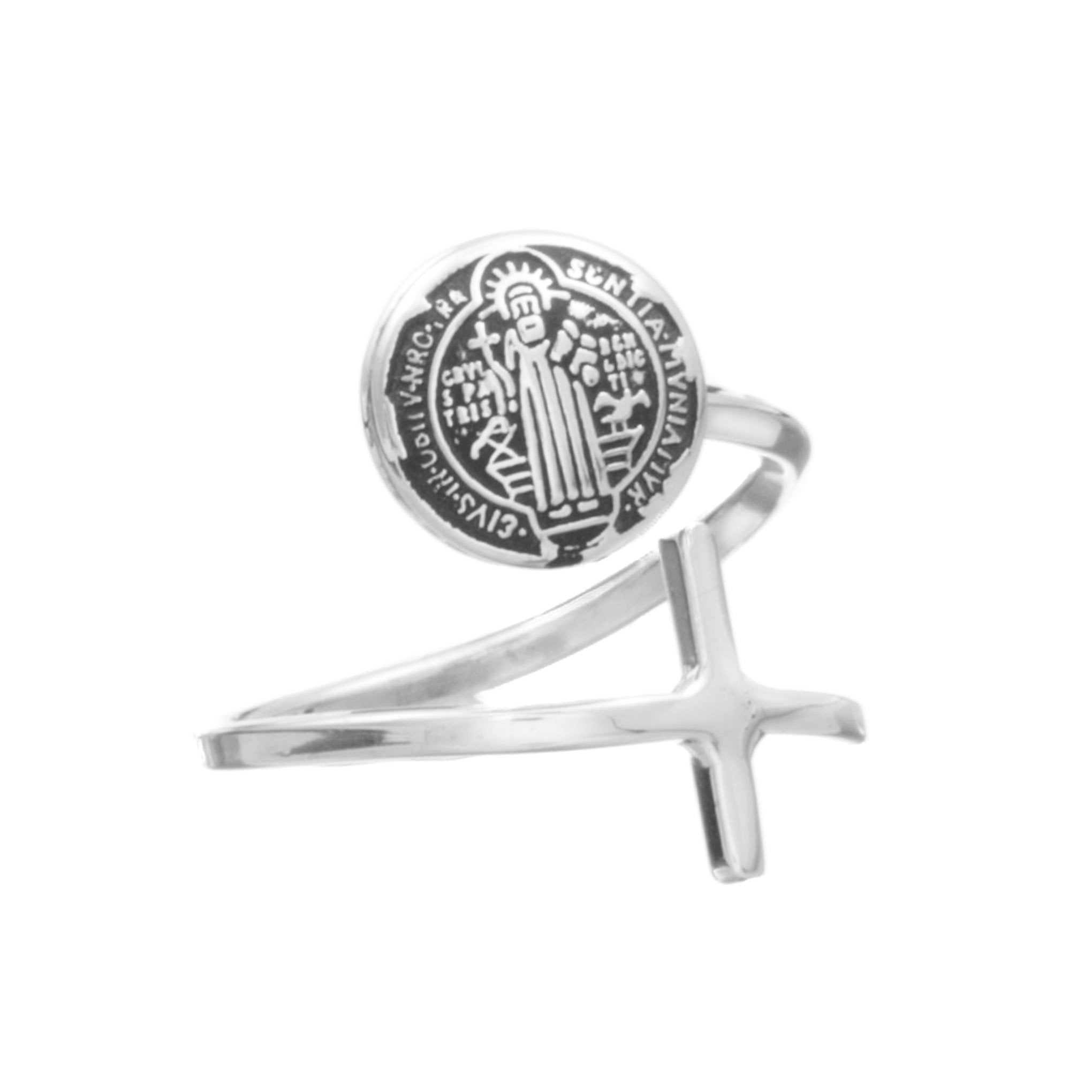 Anillo san benito con cruz entrelazada de plata