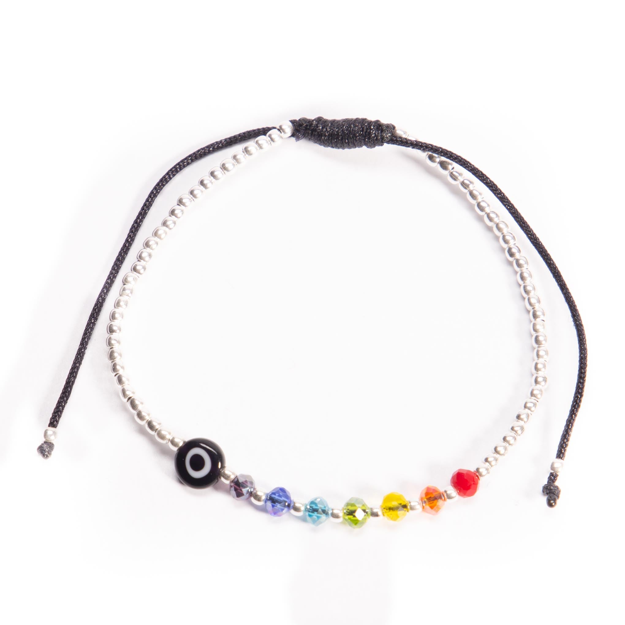 Pulsera de hilo con ojo turco, cristalitos y bolitas de plata de plata mexicana