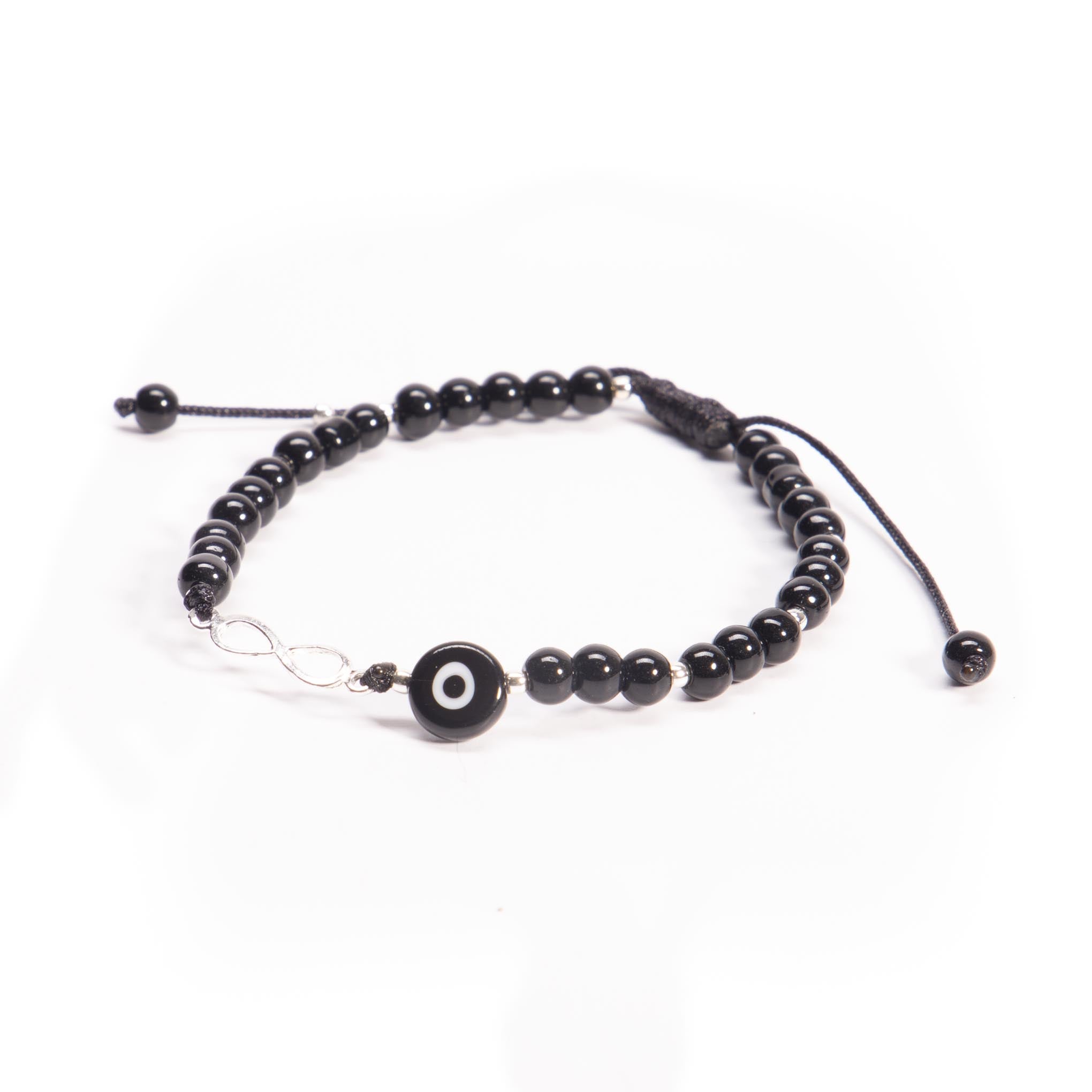 Pulsera de hilo con infinito de plata, onix y ojo turco de plata mexicana