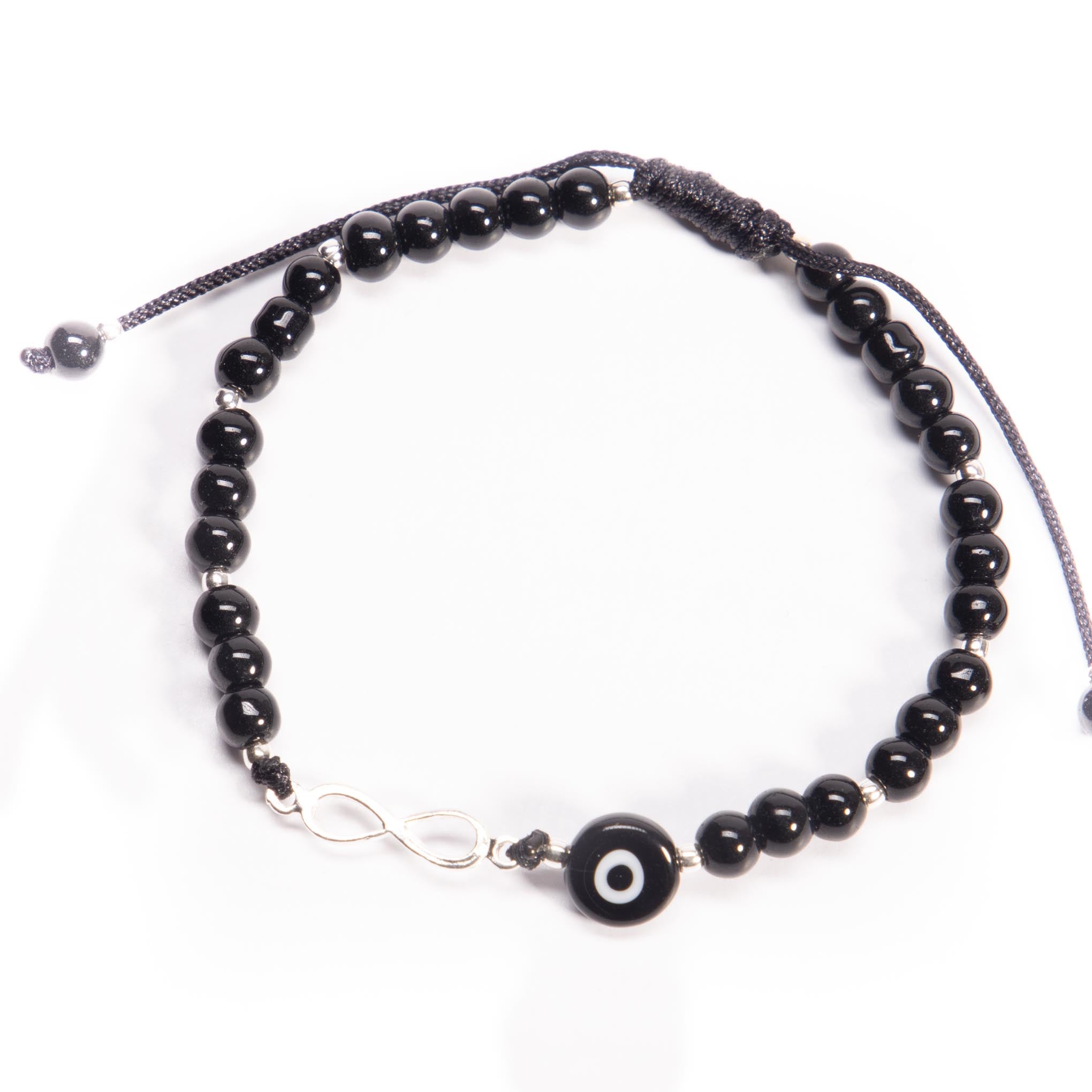 Pulsera de hilo con infinito de plata, onix y ojo turco de plata mexicana