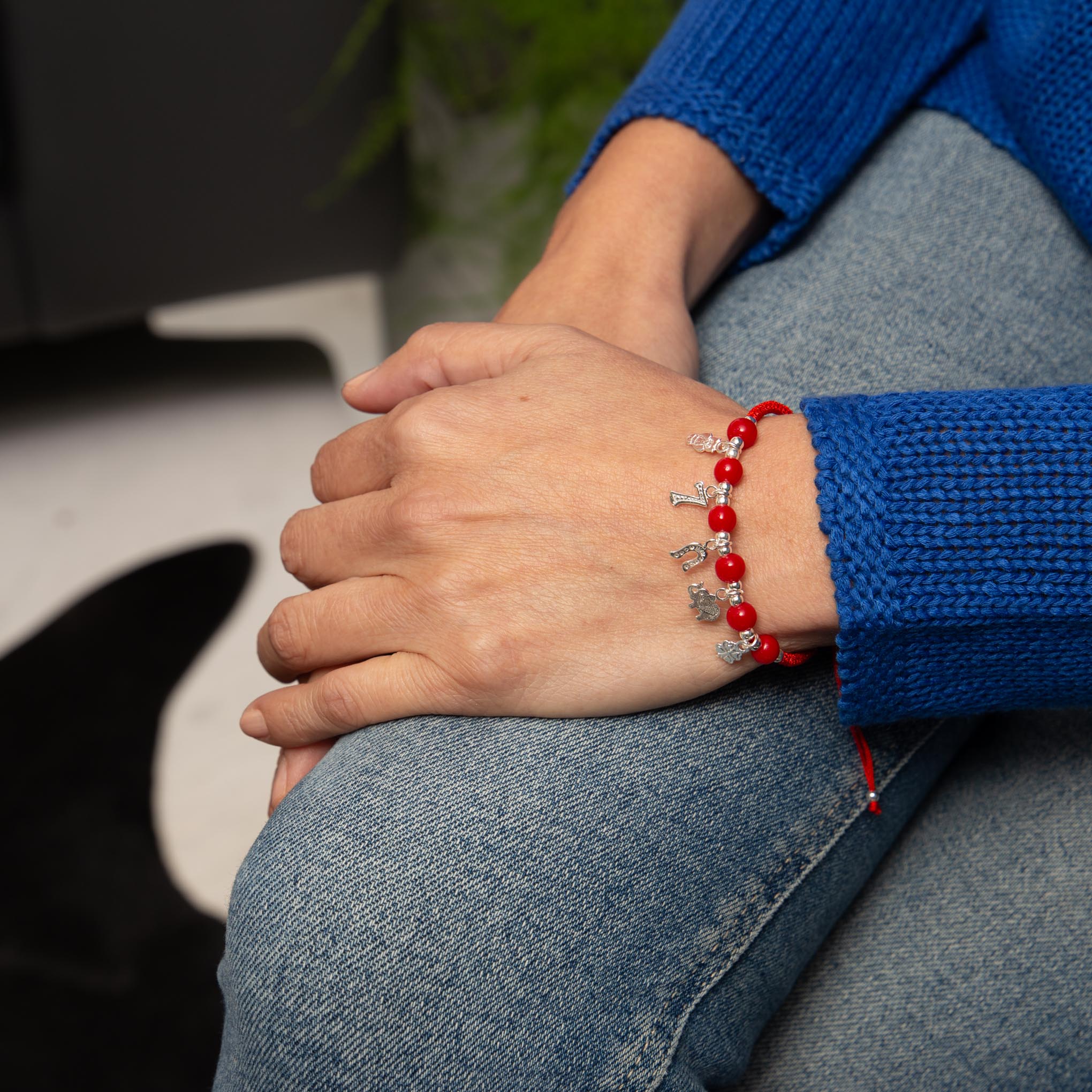 Pulsera de hilo con dijes de plata de la suerte de plata mexicana