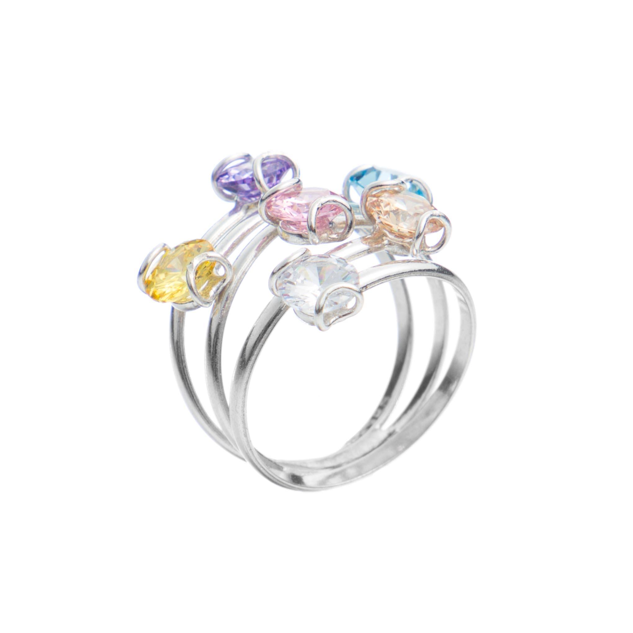 Anillo espiral de plata con 6 zirconias multicolor